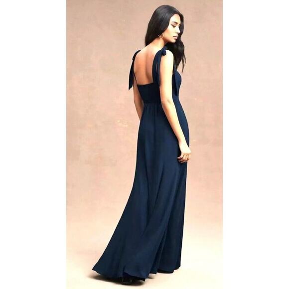 BHLDN Dress Womens 4 Small Navy Blue Clara Maxi Tie Georgette Smocked - Picture 1 of 10